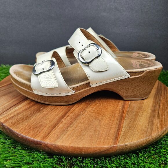 Dansko Sophie White Leather Sandals Double Strap Buckle Wedge Size 39 8.5-9 - Picture 5 of 11